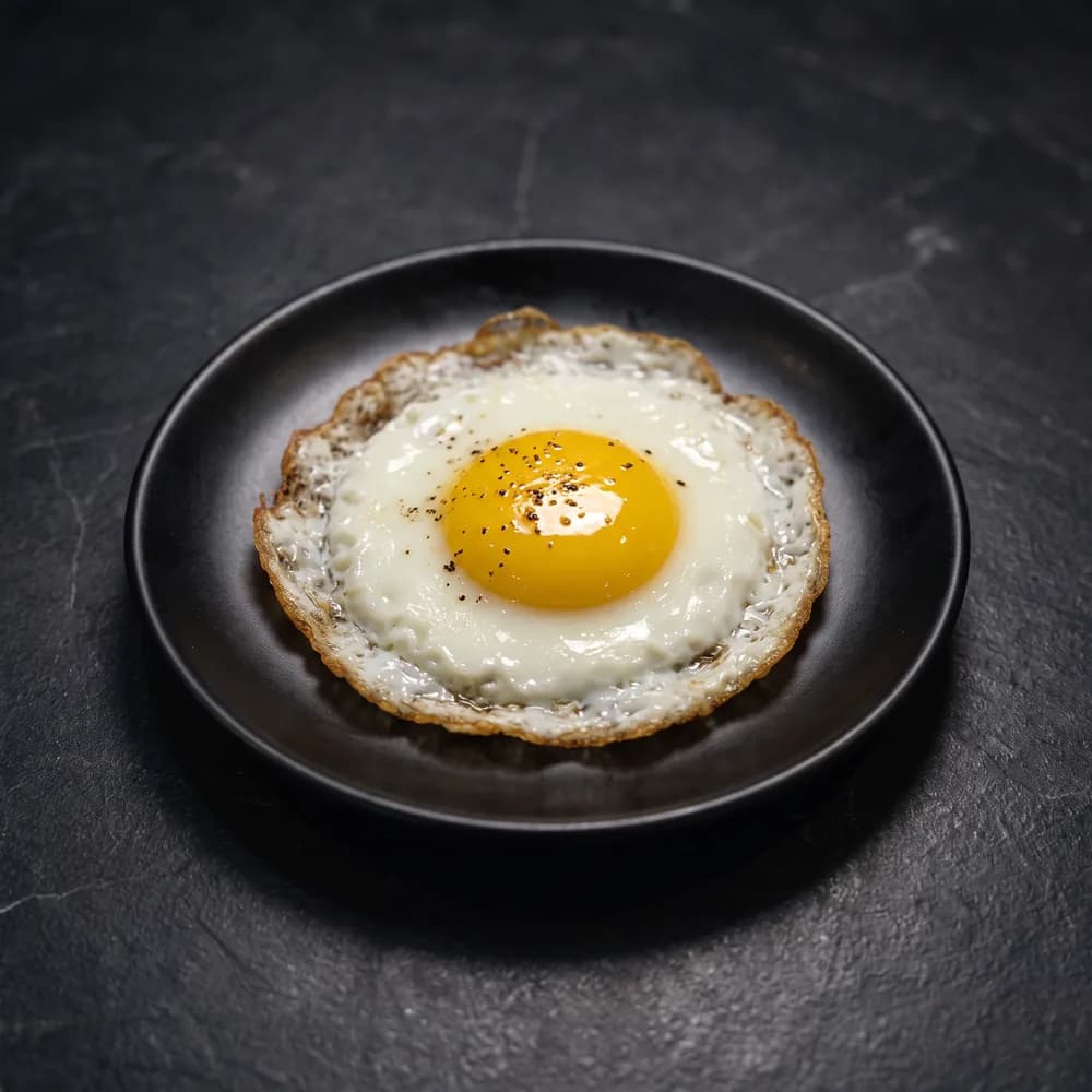 A fried egg, sunny side up, on a black plate