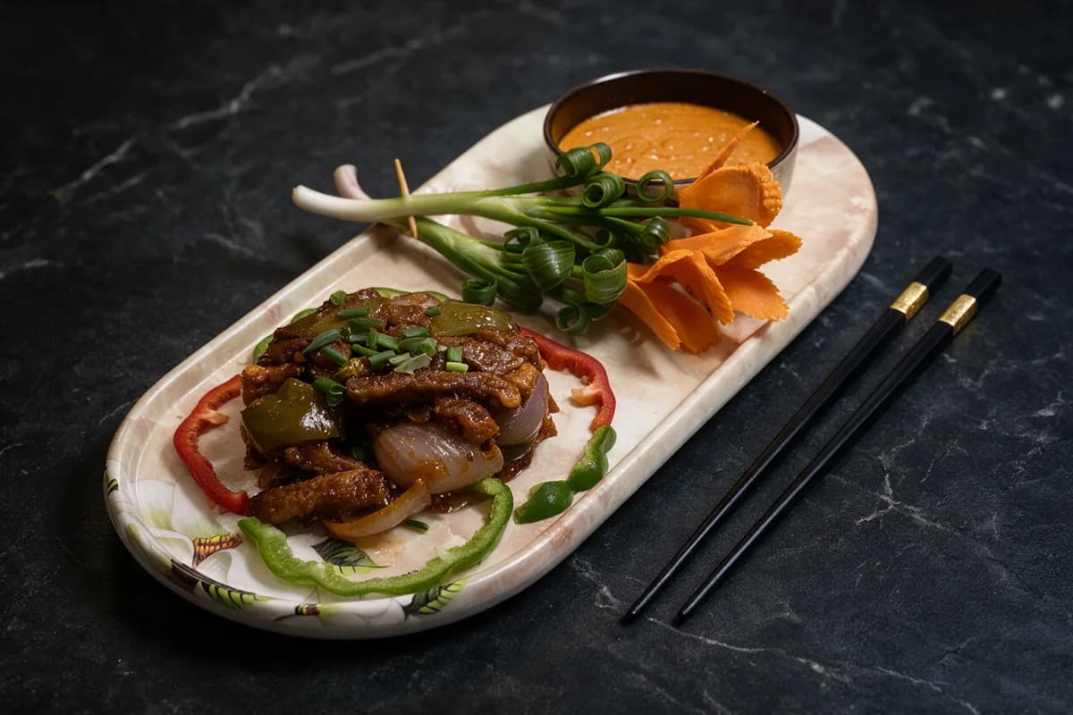 Charred Chilli Chicken: dark wok-charred chicken with charred onion and capsicum