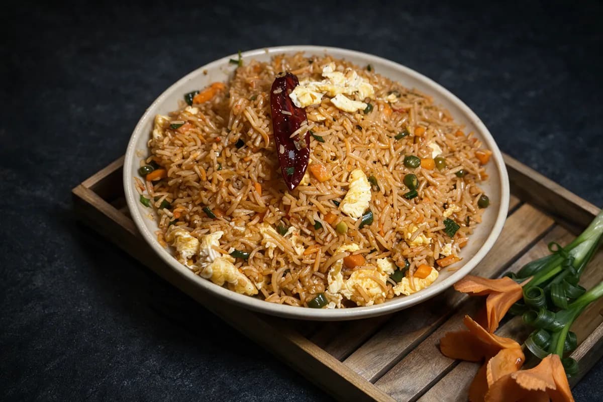 Dragon Toss Fried Rice with chicken, egg and dried red chillies