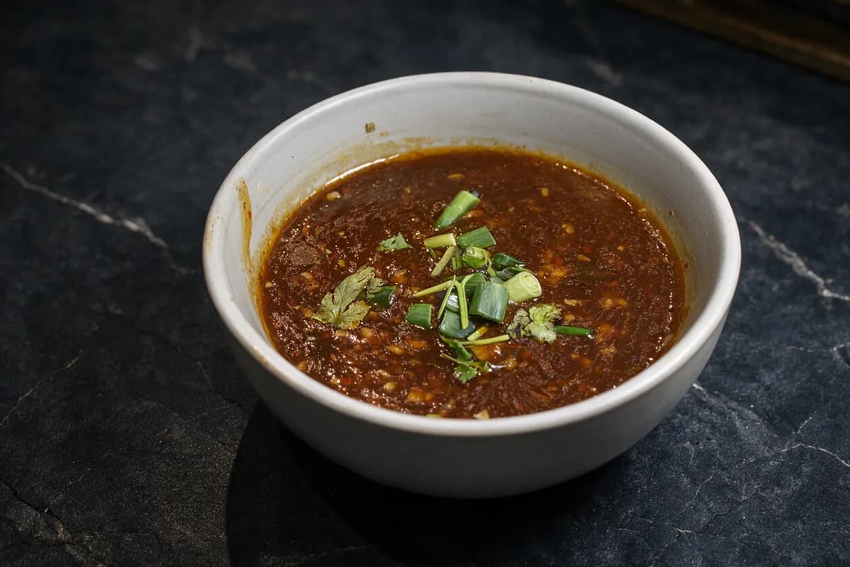 Manchow Chicken Soup, a dark spicy broth with spring onion and coriander