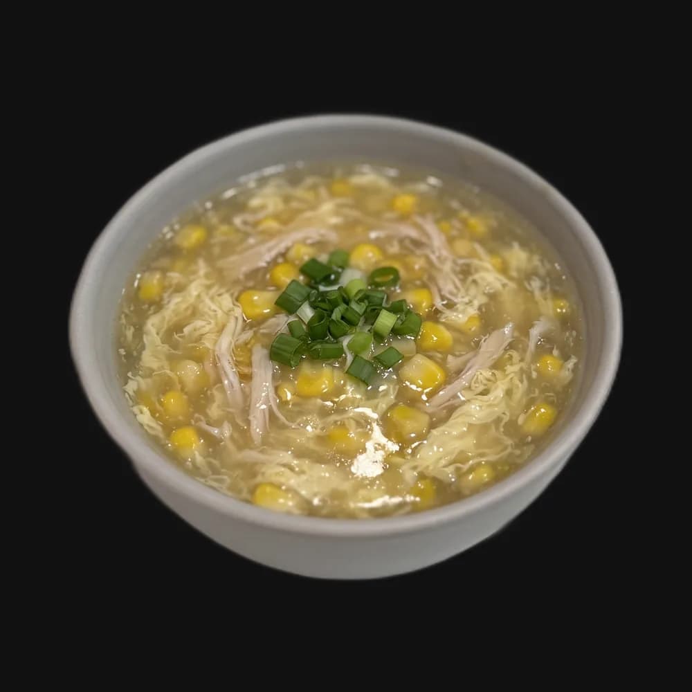 Sweet Corn Chicken Soup with corn, shredded chicken and spring onion