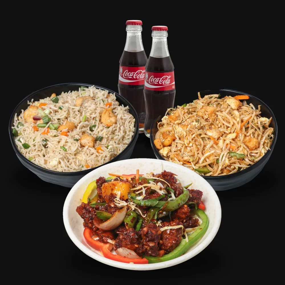 The Construct for two: chilli chicken, fried rice, noodles and two Coca-Colas
