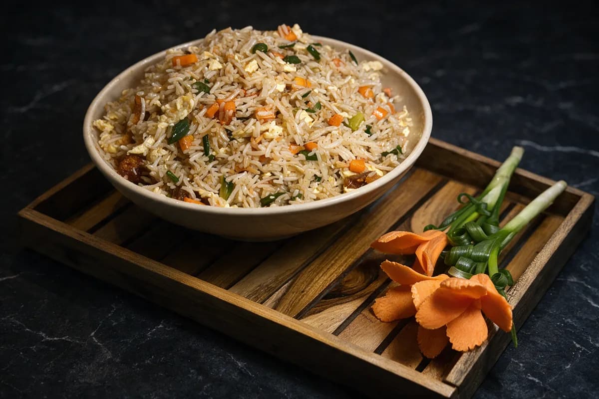 Wok Char Egg Fried Rice with scrambled egg, carrot and beans