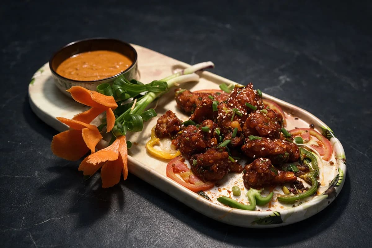 Dragon Fire Chilli Chicken: crispy chicken in a fiery red chilli glaze with sesame
