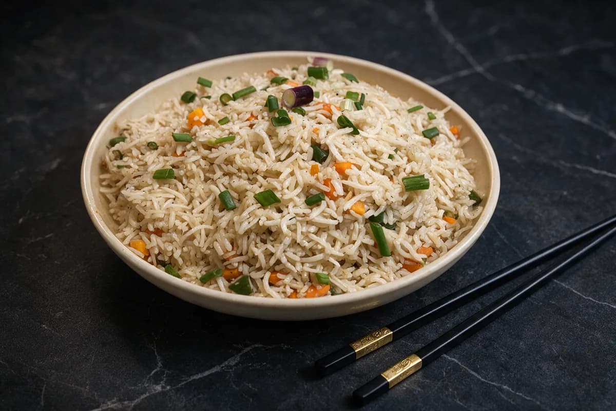 Wok Char Veg Fried Rice with carrot, beans and spring onion