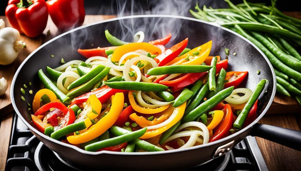 Stir-frying vegetables in a wok