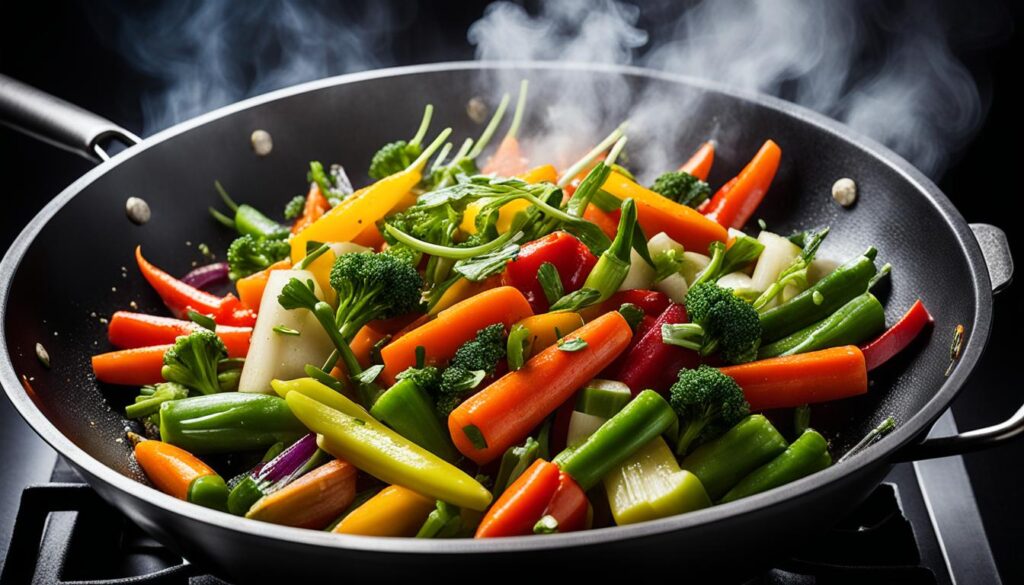 Stir-frying vegetables in a wok